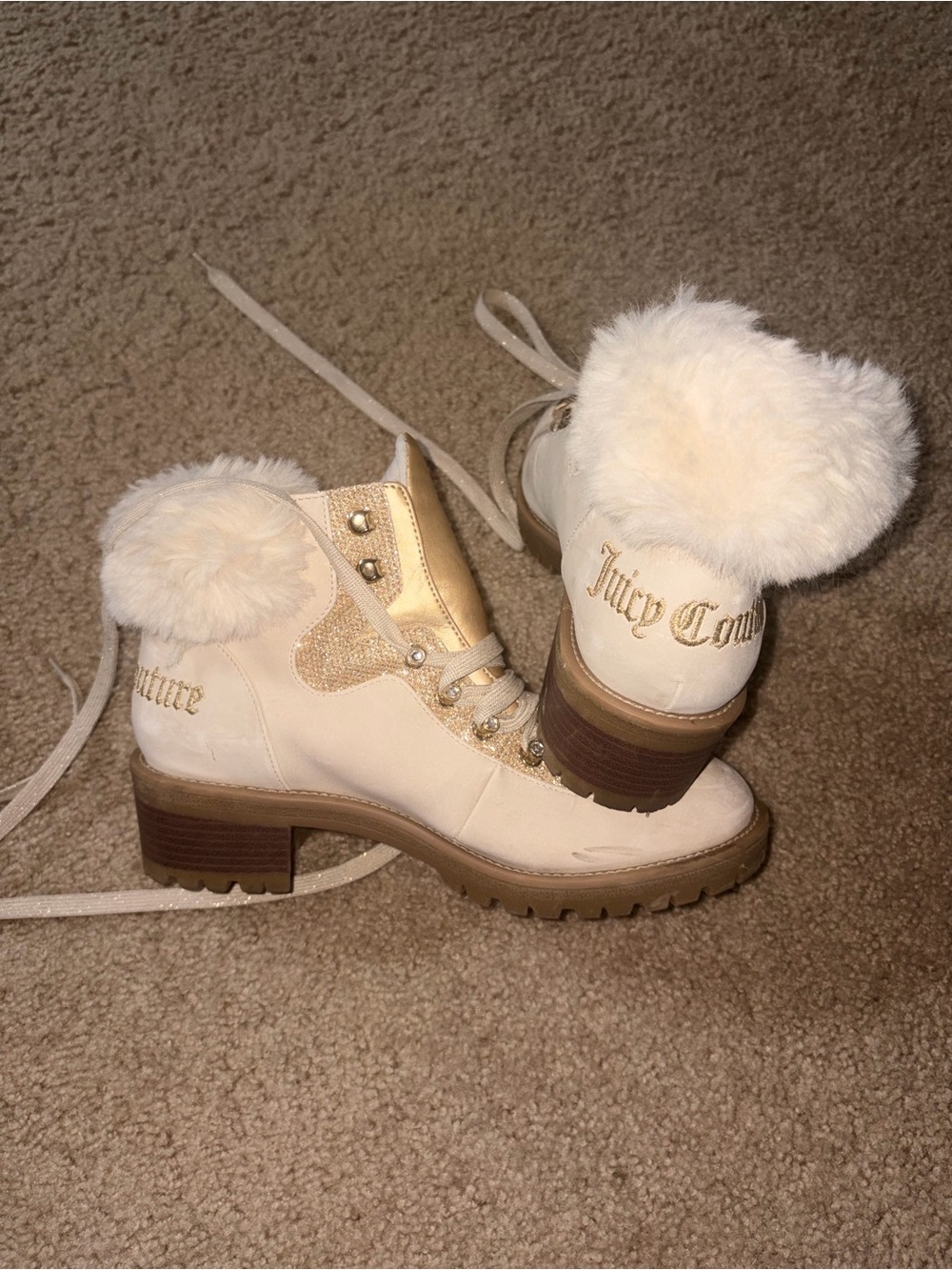 Juicy Couture Cream Faux Fur Trim Lace-Up Ankle Booties